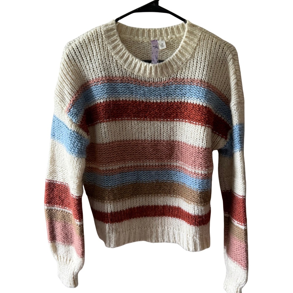 Alya Women Striped Knit Sweater Crew Neck Multi Color Pullover Medium